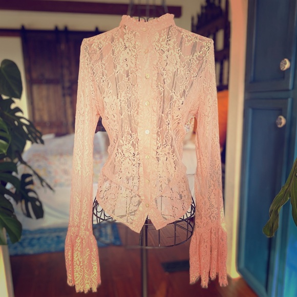 Forever 21 Tops - Victorian Style Button Up Pink Lace Blouse Sz M